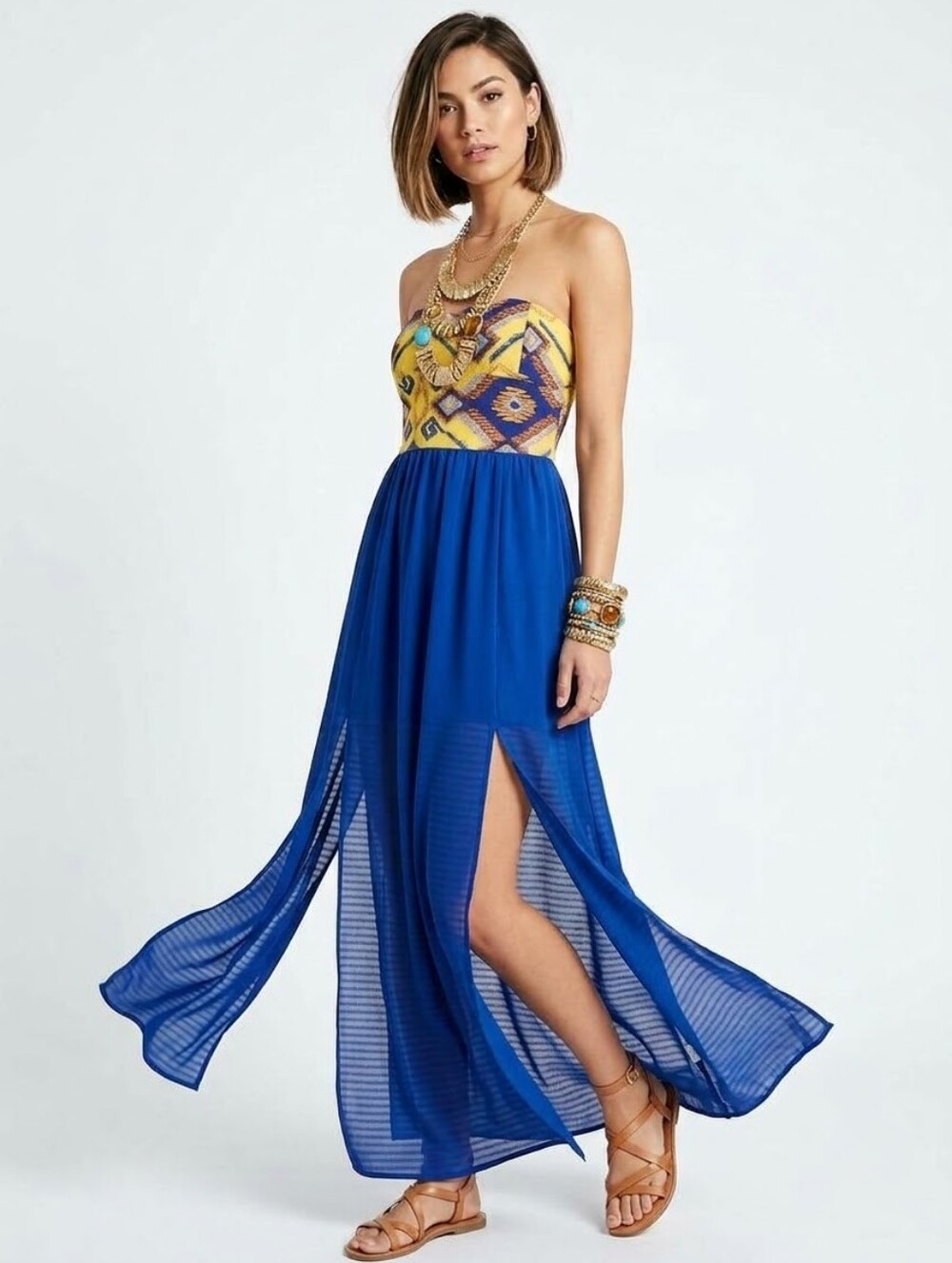 Blue and Yellow Patterned Strapless Sun Dress